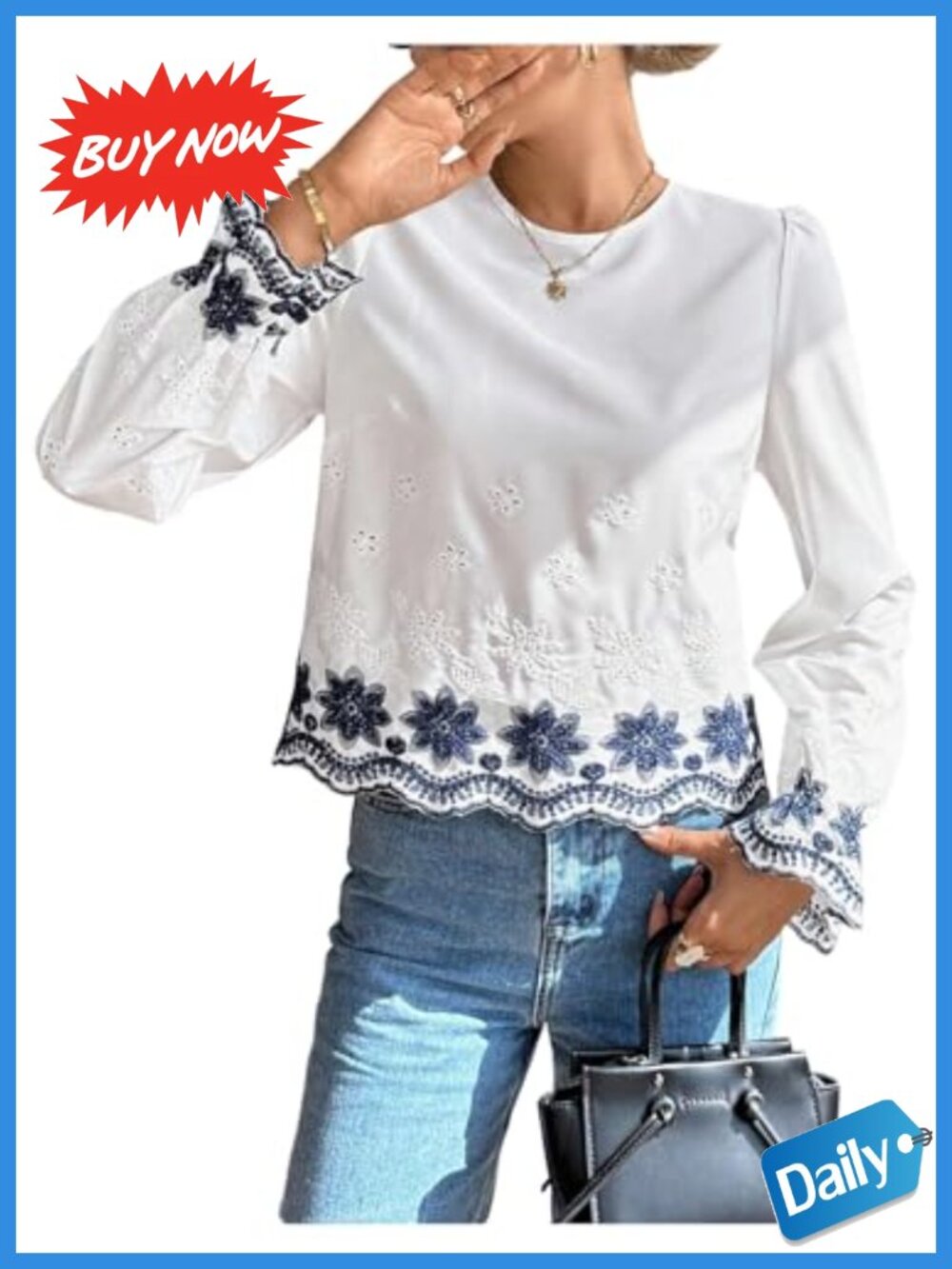 Boho Eyelet Floral Embroidered Peasant Blouse Polyester Long Sleeve Casual Top